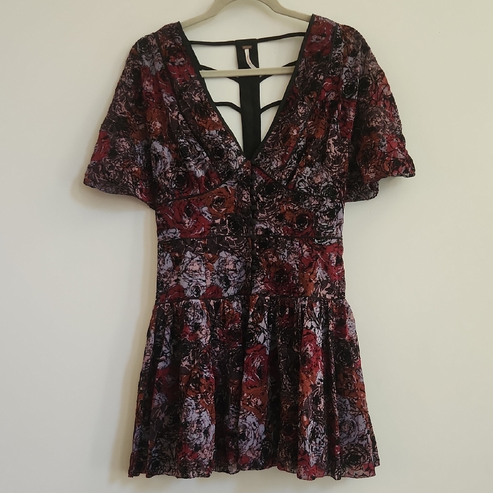 Free People Perfect Dream Black Berry Combo Elegant Floral V-Neck Dress